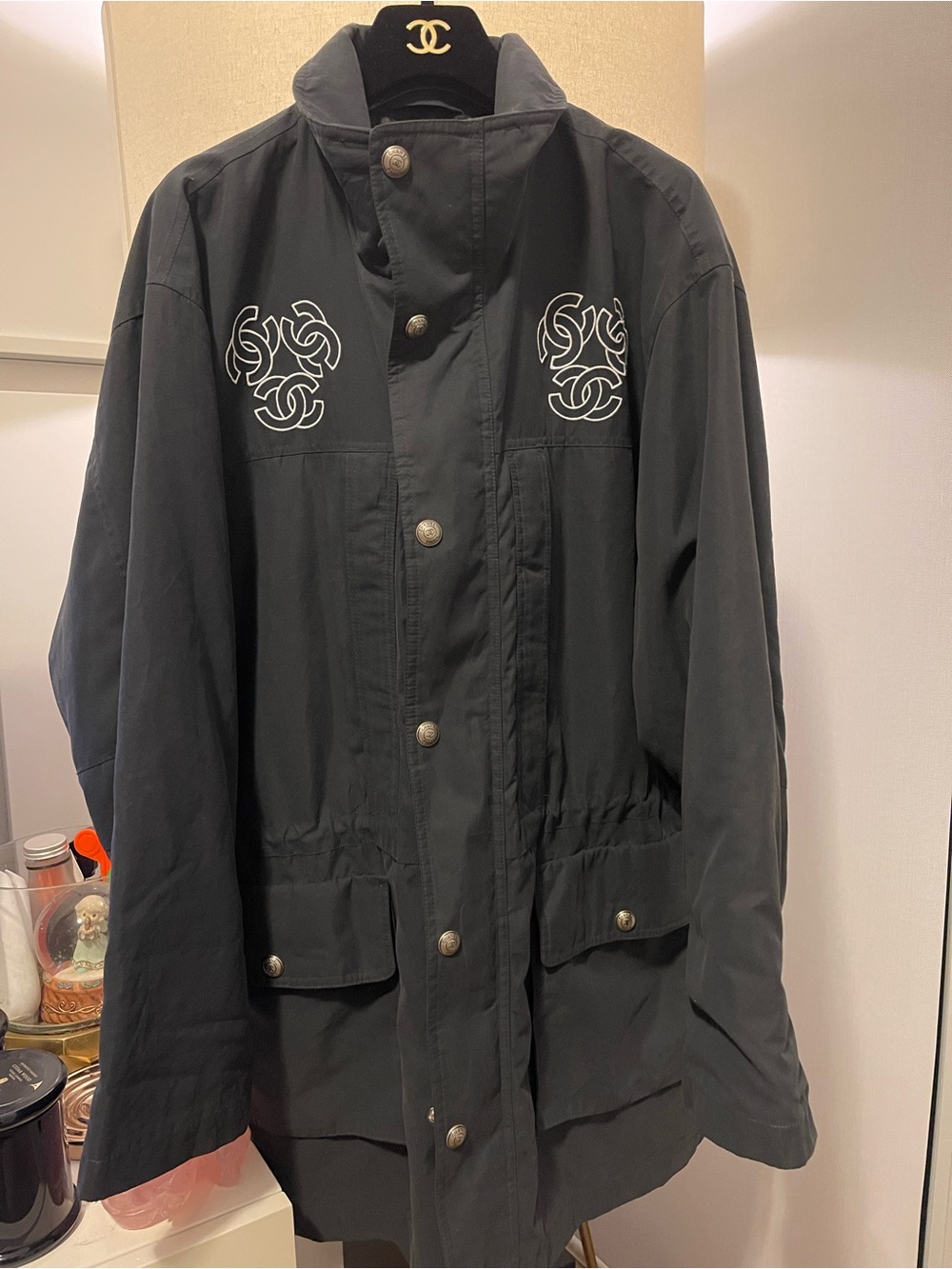 CHANEL Black Utility Jacket with White Embroidered Logos
